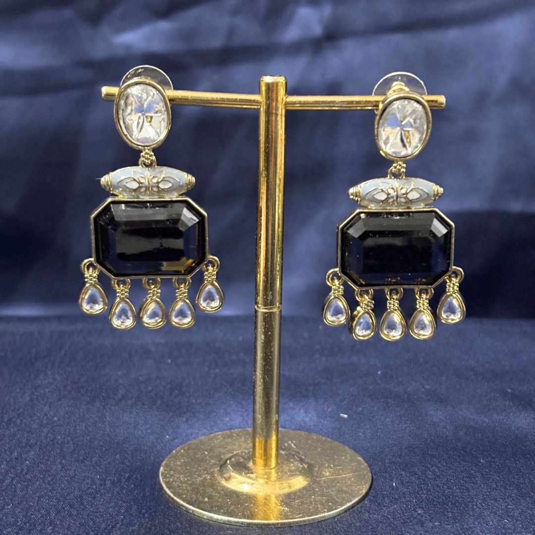 High Quality Gold Plated Blush Pink Kundan and Blue Meenakari Drop Earrings
