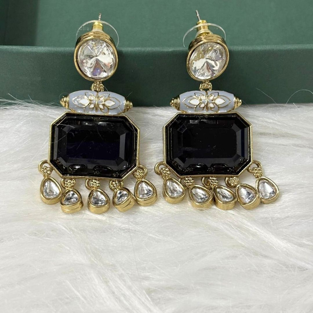 High Quality Gold Plated Blush Pink Kundan and Blue Meenakari Drop Earrings