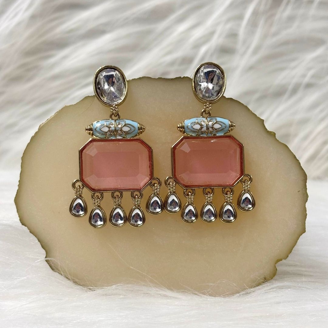 High Quality Gold Plated Blush Pink Kundan and Blue Meenakari Drop Earrings