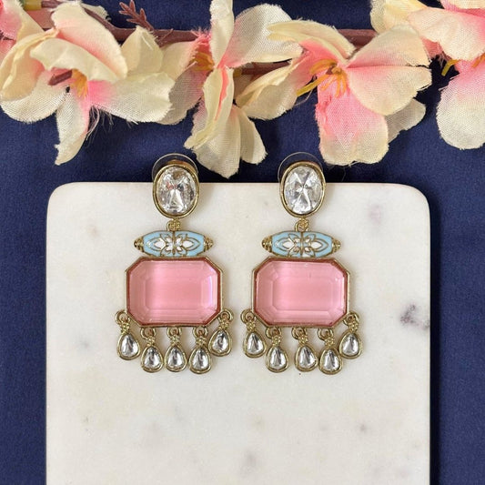High Quality Gold Plated Blush Pink Kundan and Blue Meenakari Drop Earrings
