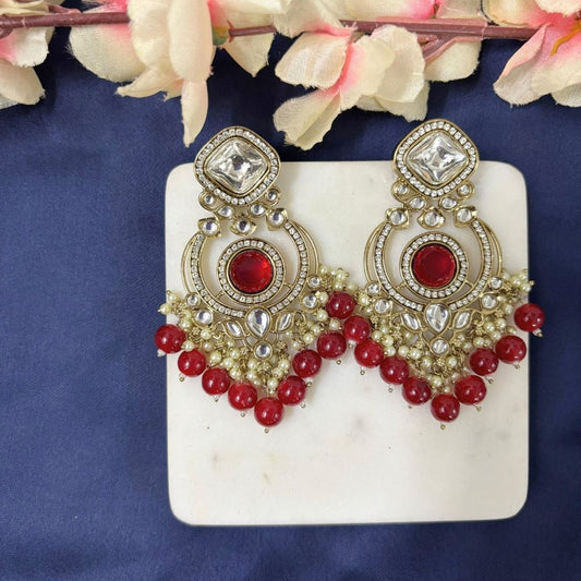 High Quality Gold Plated Red Chandbali Drop Earrings with Kundan & Pearls