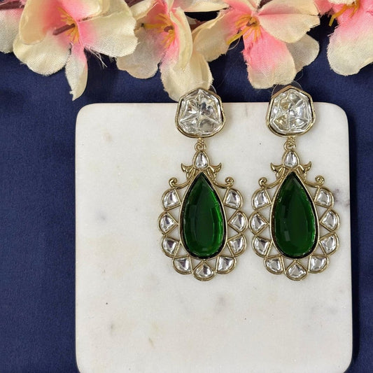High Quality Gold Plated Emerald Kundan Pear Drop Earrings