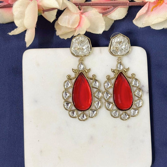 High Quality Gold Plated Royal Red Kundan Pear Drop Earrings