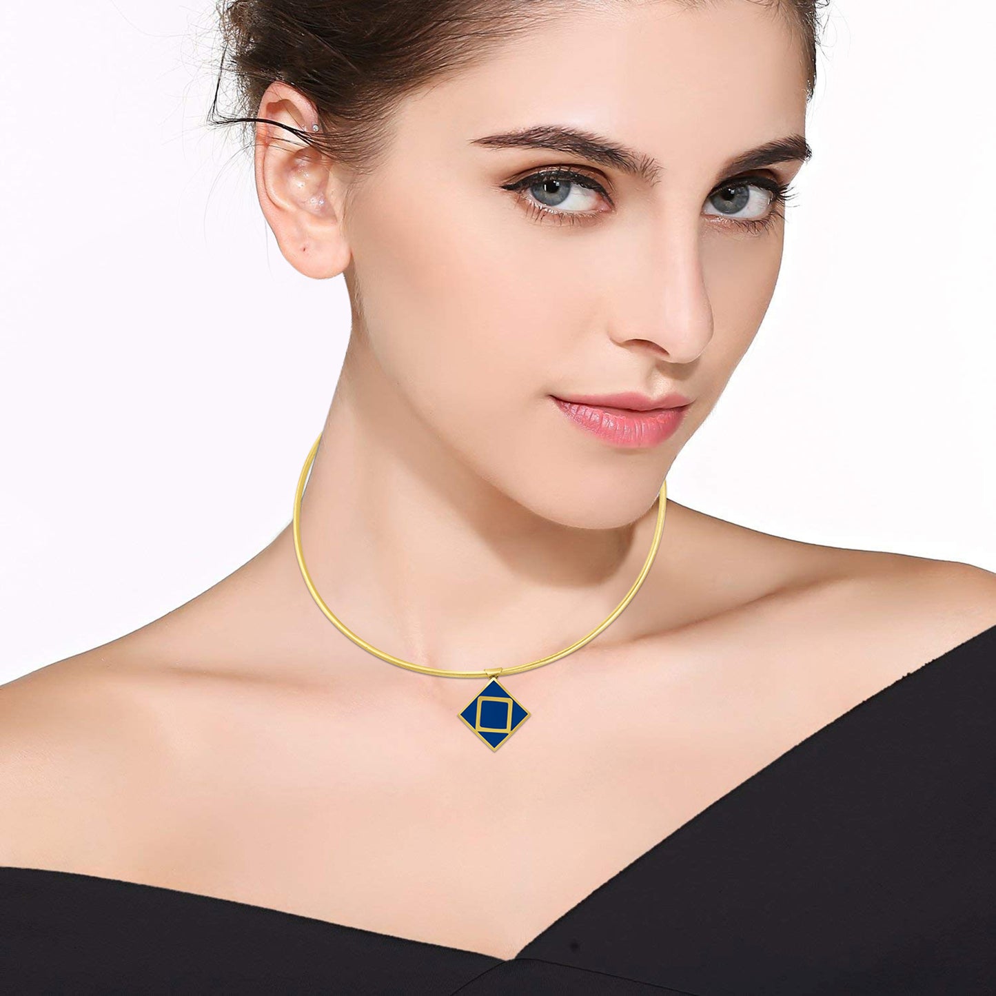 BDiva 18k Gold Plated Geometric Charm Blue Enamel Pendant Choker