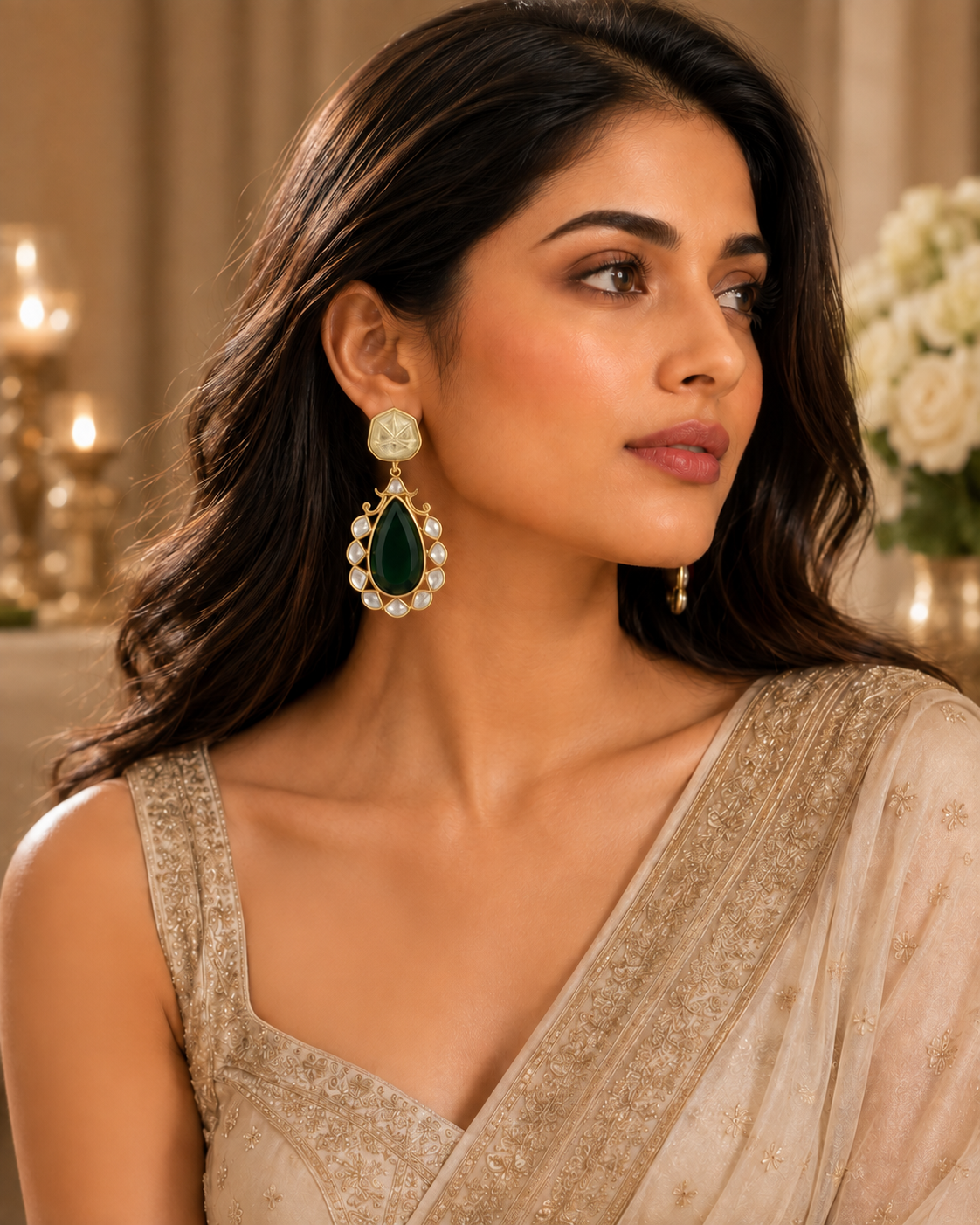 Gold Plated Green Stone Kundan Drop Earrings