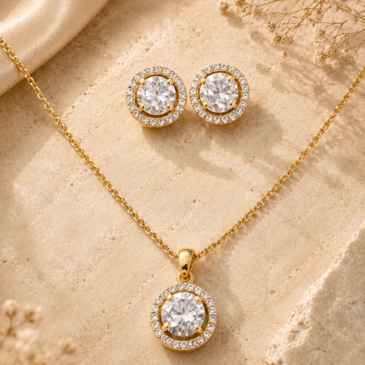 Gold Plated Solitaire Halo Style Pendant & Earrings Set
