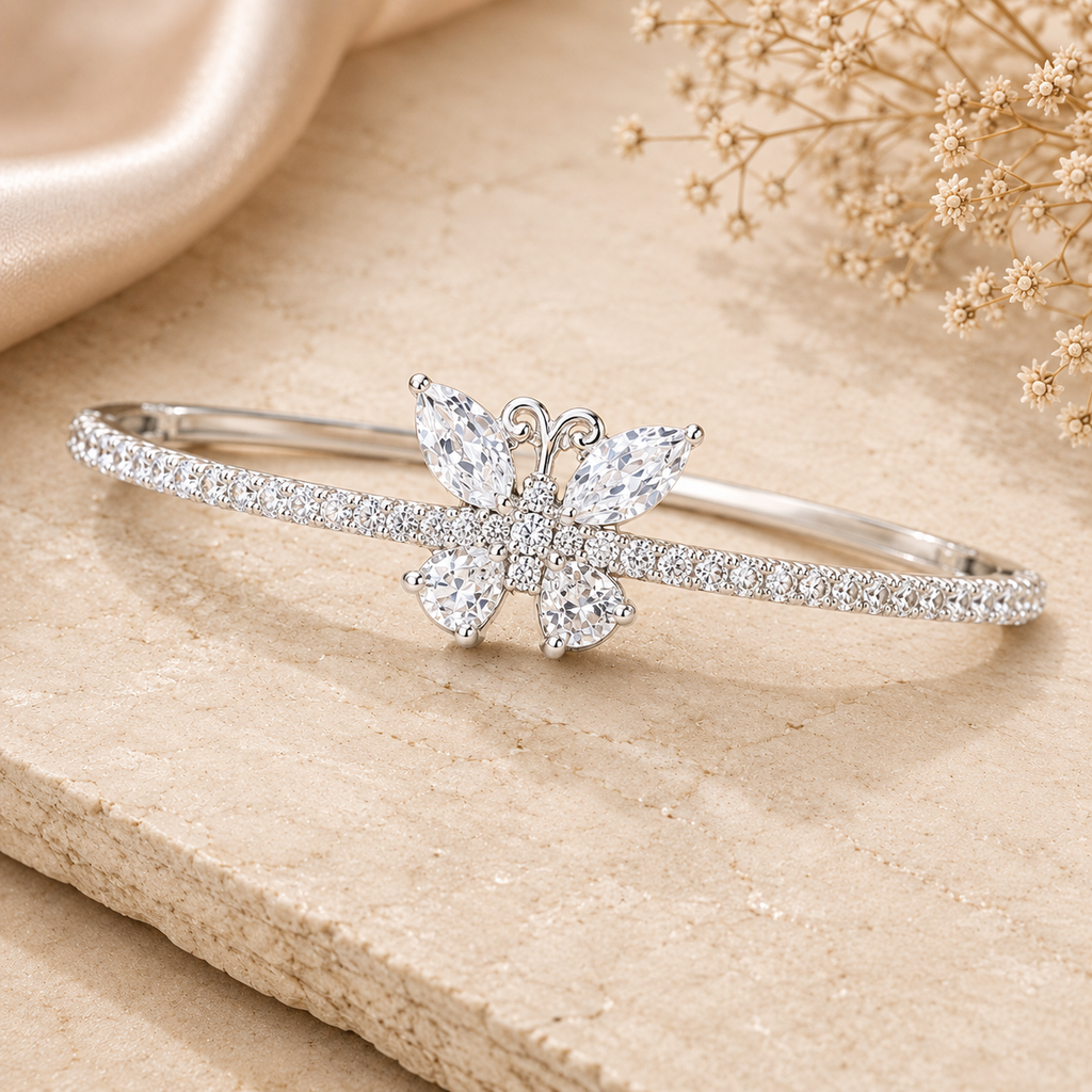 Rhodium Plated Cubic Zirconia Butterfly Bangle