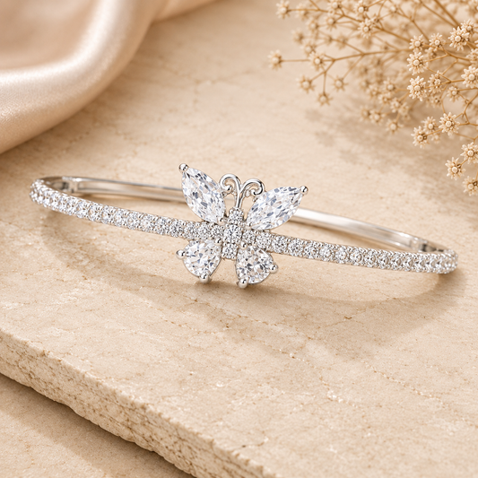 Rhodium Plated Cubic Zirconia Butterfly Bangle