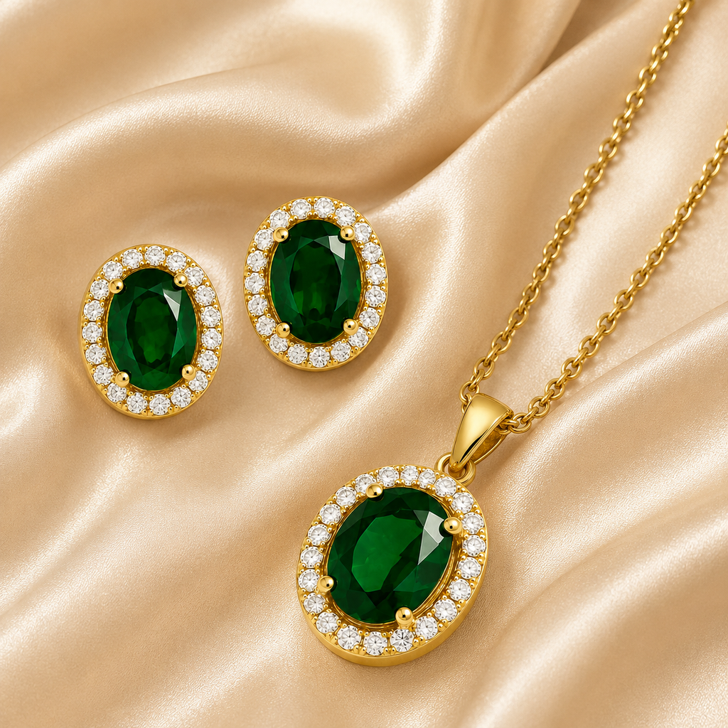 Gold Plated Green Cubic Zirconia Solitaire Halo Pendant & Earrings Set