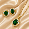 Gold Plated Green Cubic Zirconia Solitaire Halo Pendant & Earrings Set