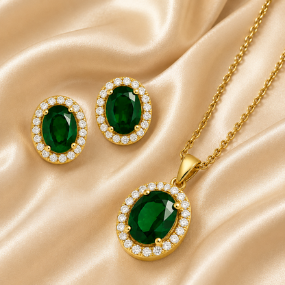 Gold Plated Solitaire Halo Pendant & Earrings Set