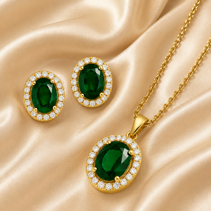Gold Plated Solitaire Halo Pendant & Earrings Set