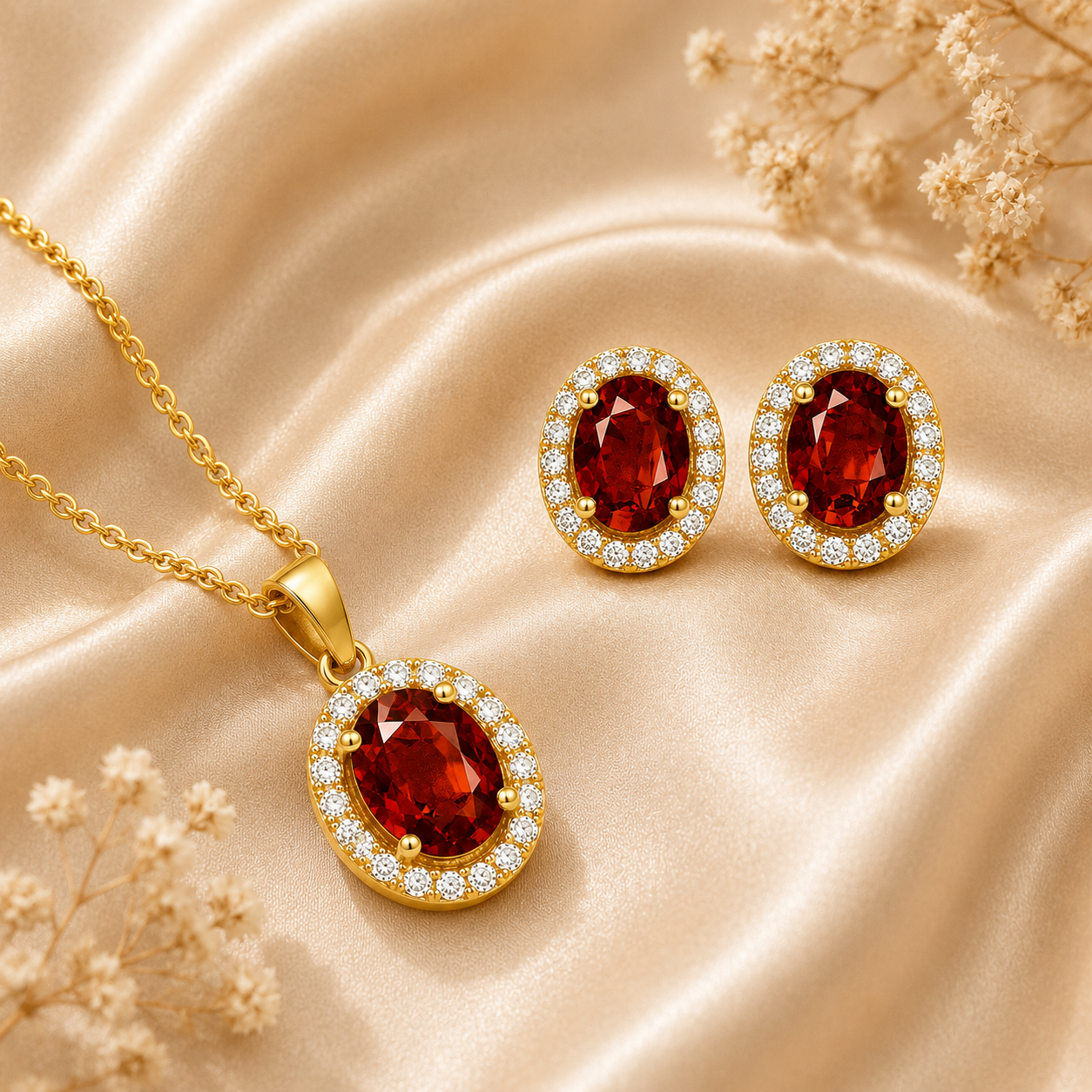 Gold Plated Red Cubic Zirconia Solitaire Halo Pendant & Earrings Set