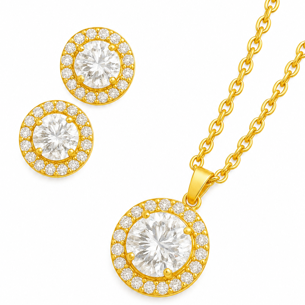 Gold Plated Solitaire Halo Style Pendant & Earrings Set