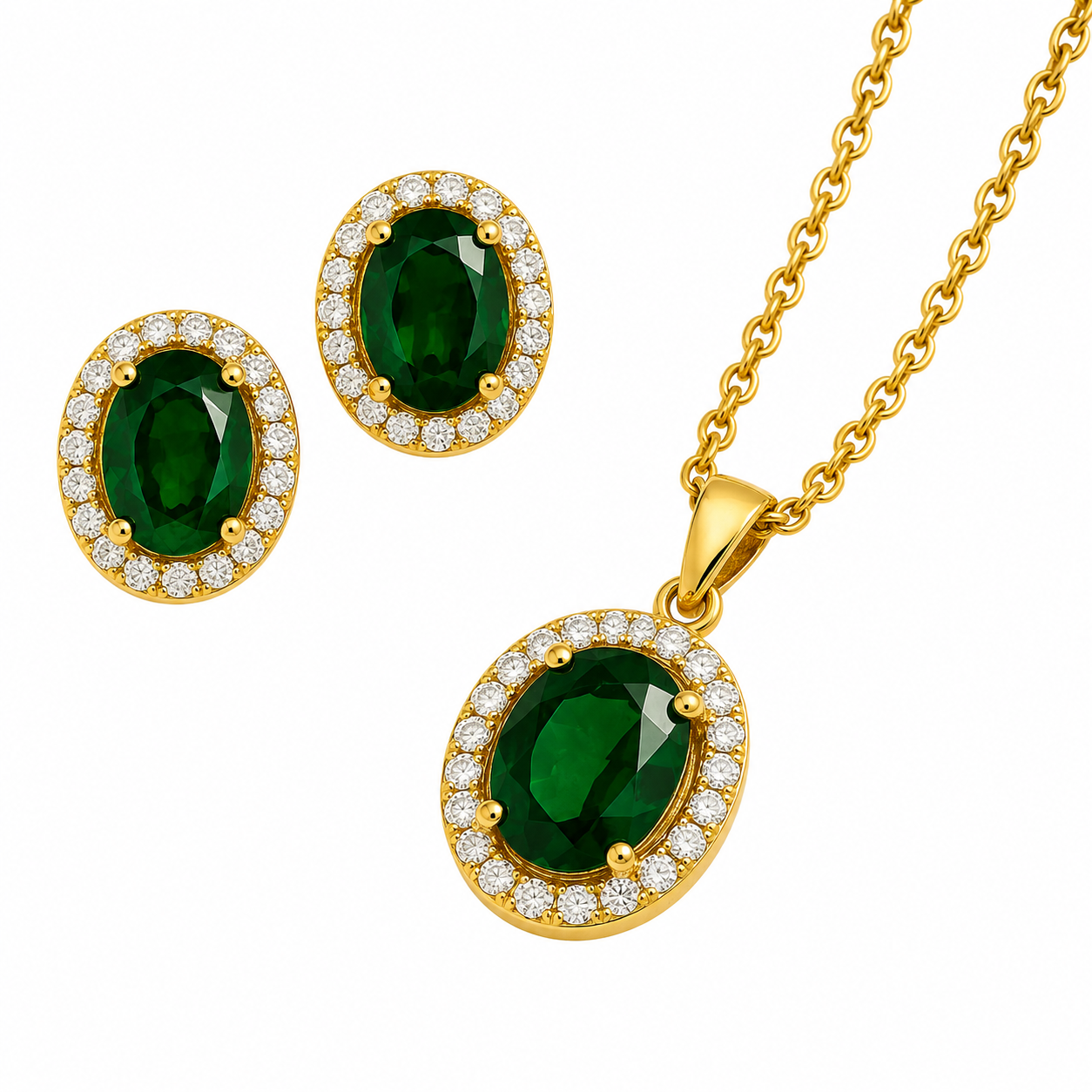 Gold Plated Green Cubic Zirconia Solitaire Halo Pendant & Earrings Set