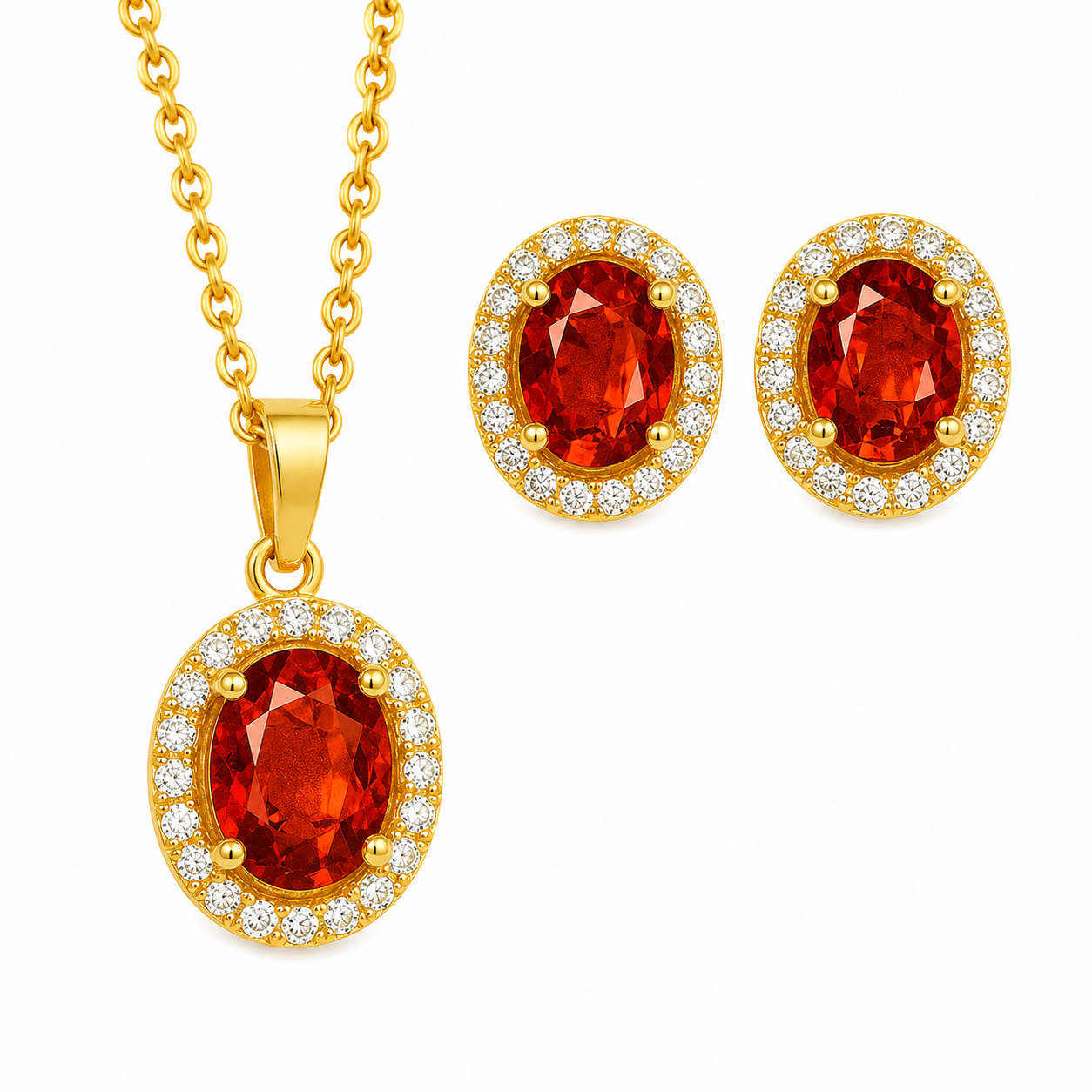 Gold Plated Red Cubic Zirconia Solitaire Halo Pendant & Earrings Set