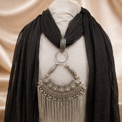 Black Georgette Scarf With Oxidized Motif