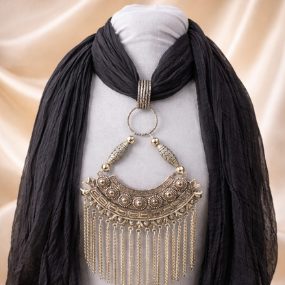 Black Georgette Scarf With Oxidized Motif
