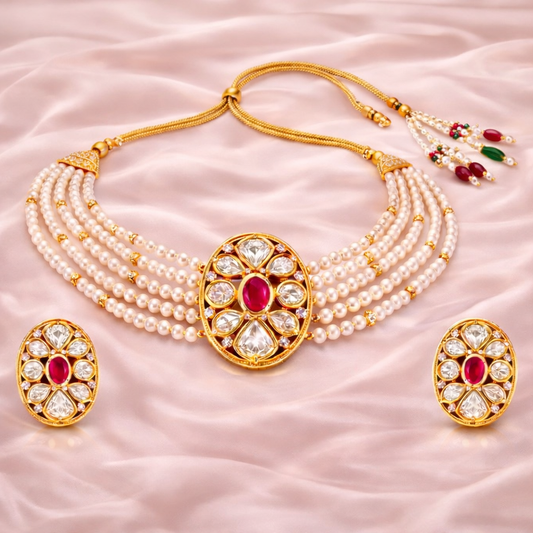 Gold Plated Pink Kundan Semi Cultured Pearl Choker Set