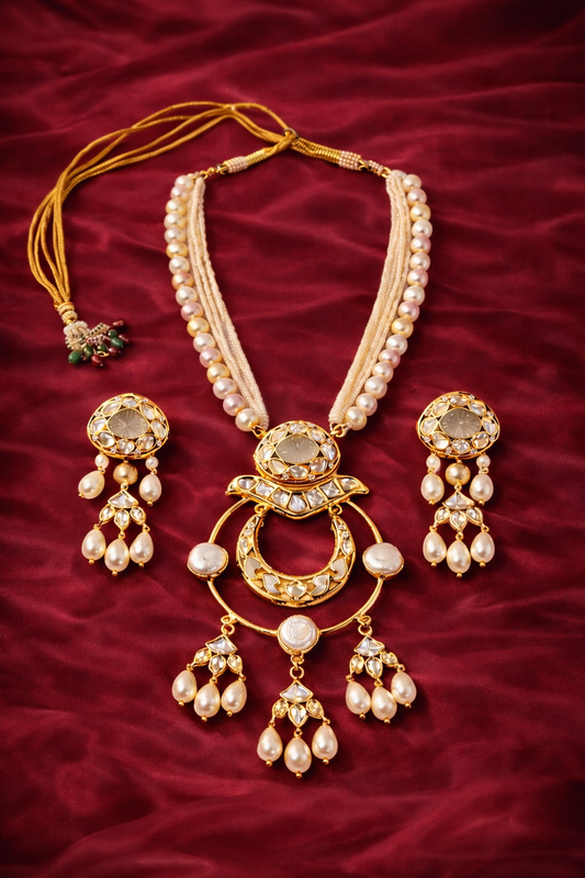 Gold Plated Kundan & Semi Cultured Pearl Choker Set with Dangle Earrings