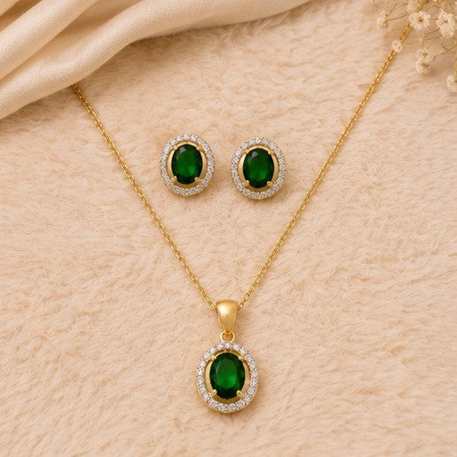 Gold Plated Green Cubic Zirconia Solitaire Halo Pendant & Earrings Set