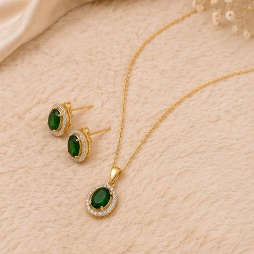 Gold Plated Green Cubic Zirconia Solitaire Halo Pendant & Earrings Set