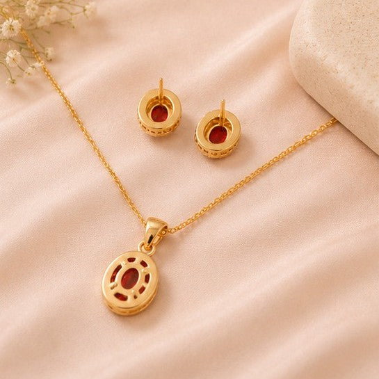 Gold Plated Red Cubic Zirconia Solitaire Halo Pendant & Earrings Set