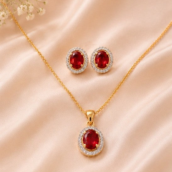 Gold Plated Red Cubic Zirconia Solitaire Halo Pendant & Earrings Set