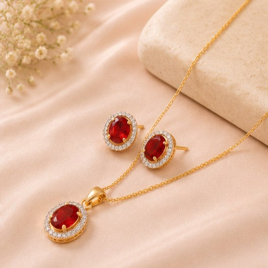 Gold Plated Red Cubic Zirconia Solitaire Halo Pendant & Earrings Set