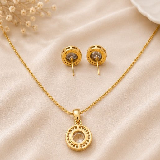 Gold Plated Solitaire Halo Style Pendant & Earrings Set
