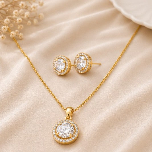 Gold Plated Solitaire Halo Style Pendant & Earrings Set