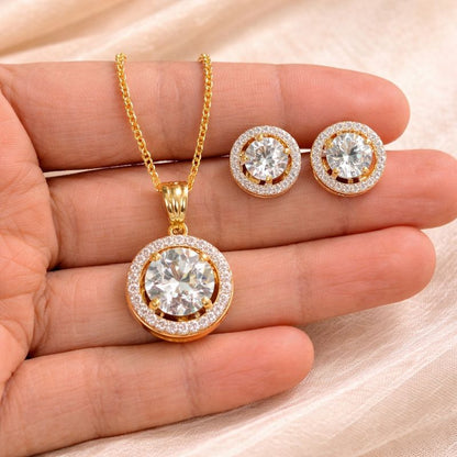 Gold-Plated Eternal Glow Solitaire Halo Pendant & Earrings Set