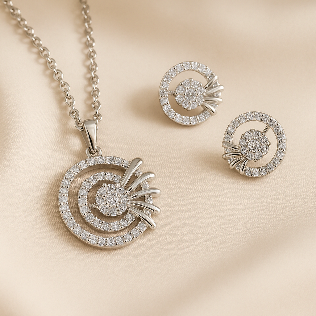 Rhodium-Plated Cubic Zirconia Pendant & Stud Earrings Set