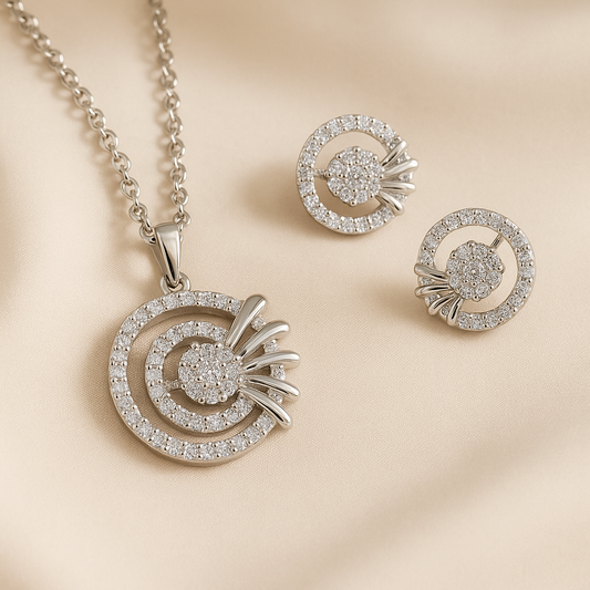 Rhodium-Plated Cubic Zirconia Pendant & Stud Earrings Set