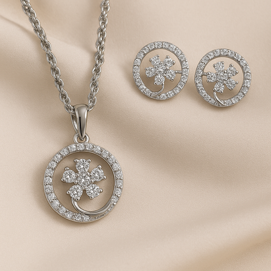 Rhodium Plated Cubic Zirconia Pendant & Earrings Set