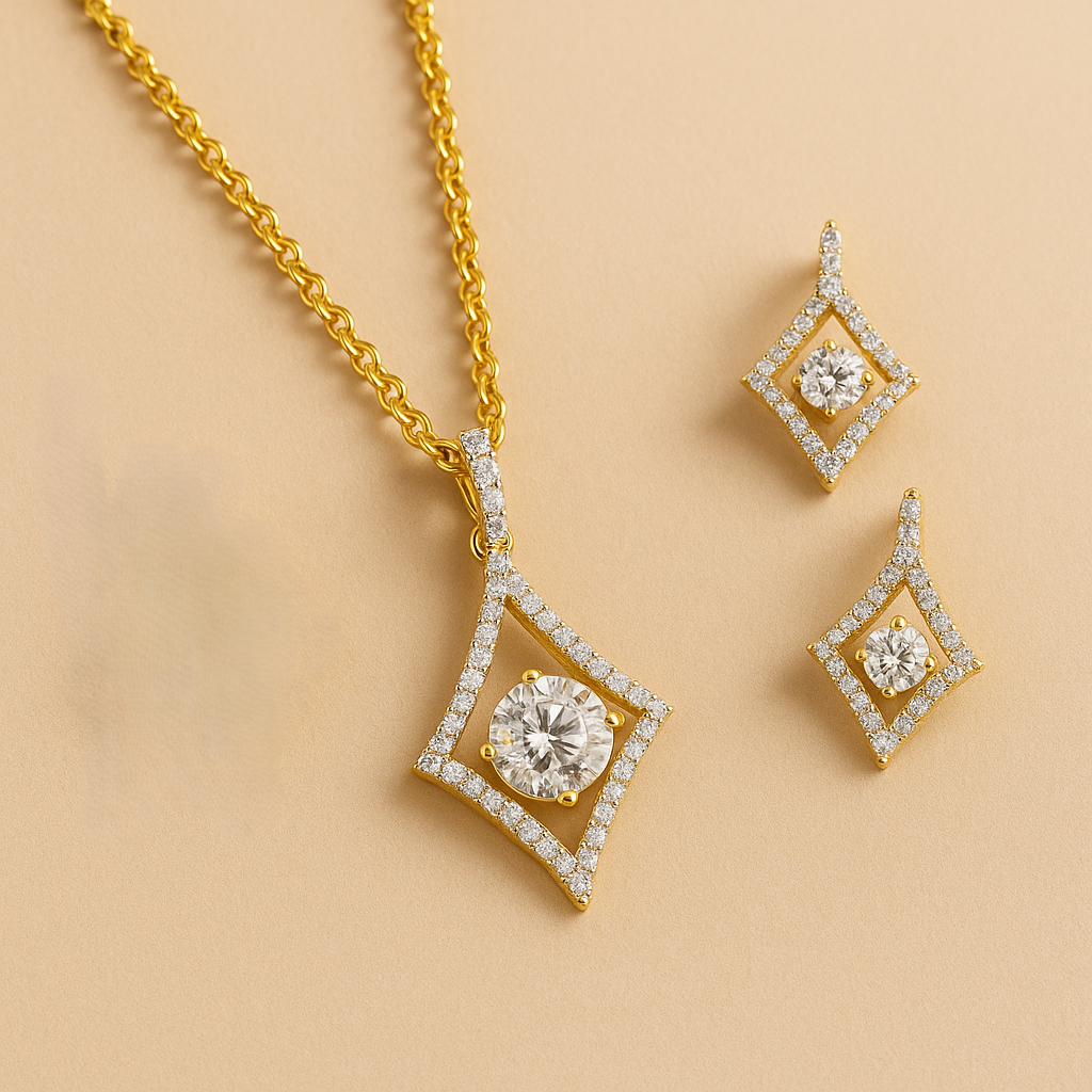 Gold Plated Halo Style Cubic Zirconia Pendant & Stud Earrings Set