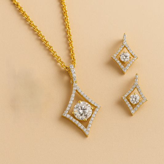 Gold Plated Halo Style Cubic Zirconia Pendant & Stud Earrings Set