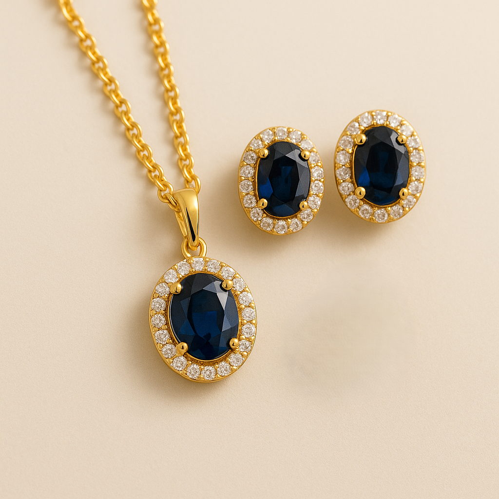 Blue Sapphire Luxe Gold-Plated Solitaire Halo Pendant & Earrings Set – A Regal Touch of Blue