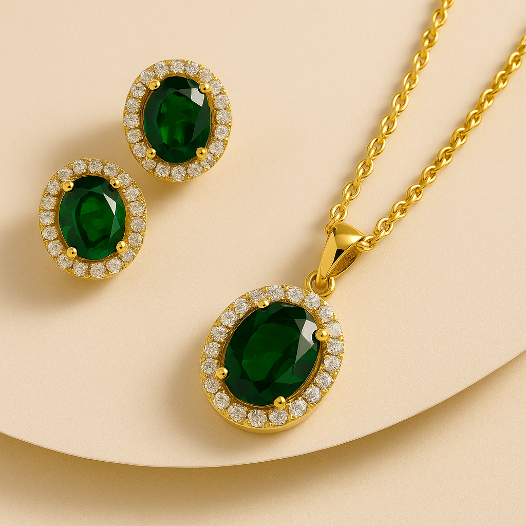 Green Emerald Luxe Gold-Plated Solitaire Halo Pendant & Earrings Set – A Regal Touch of Green