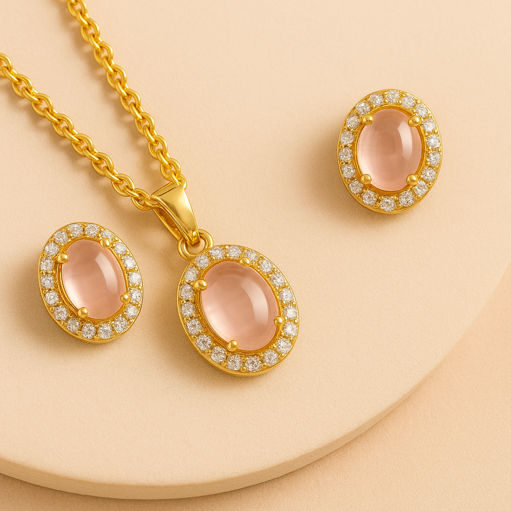 Morganite Luxe Gold-Plated Solitaire Halo Pendant & Earrings Set – A Regal Touch of Morganite