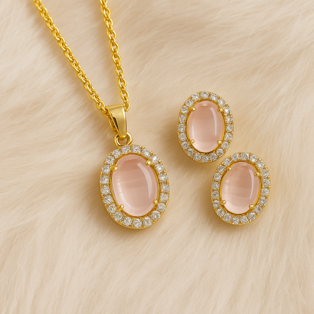 Morganite Luxe Gold-Plated Solitaire Halo Pendant & Earrings Set – A Regal Touch of Morganite