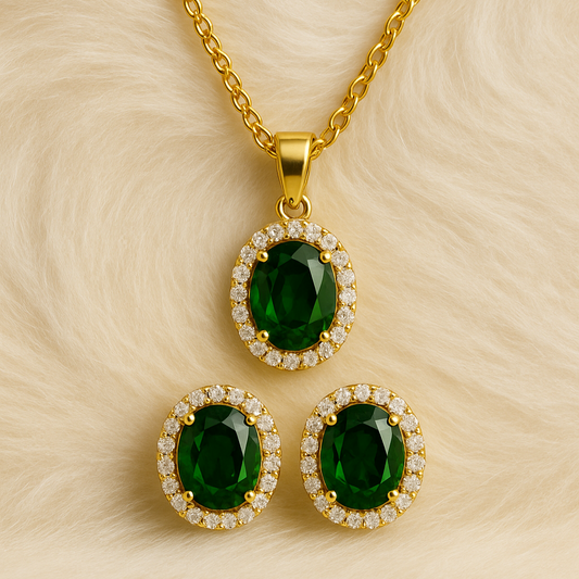 Green Emerald Luxe Gold-Plated Solitaire Halo Pendant & Earrings Set – A Regal Touch of Green