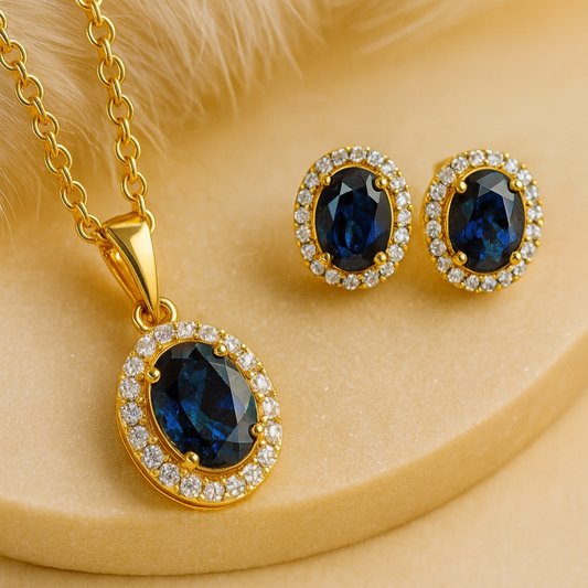 Blue Sapphire Luxe Gold-Plated Solitaire Halo Pendant & Earrings Set – A Regal Touch of Blue