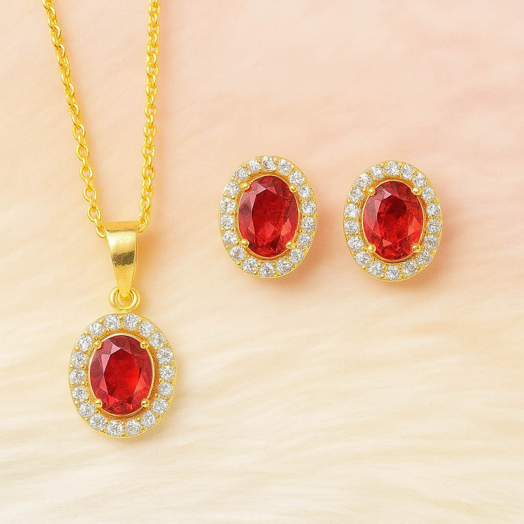 Red Ruby Luxe Gold-Plated Solitaire Halo Pendant & Earrings Set – A Regal Touch of Red