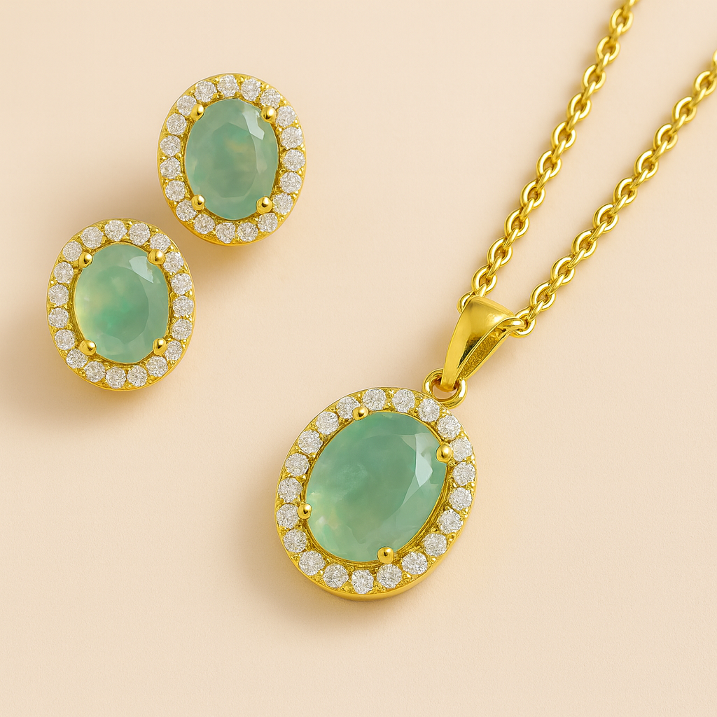 Green Topaz Luxe Gold-Plated Solitaire Halo Pendant & Earrings Set – A Regal Touch of Green