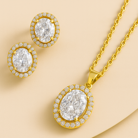 Gold-Plated Eternal Glow Solitaire Halo Pendant & Earrings Set