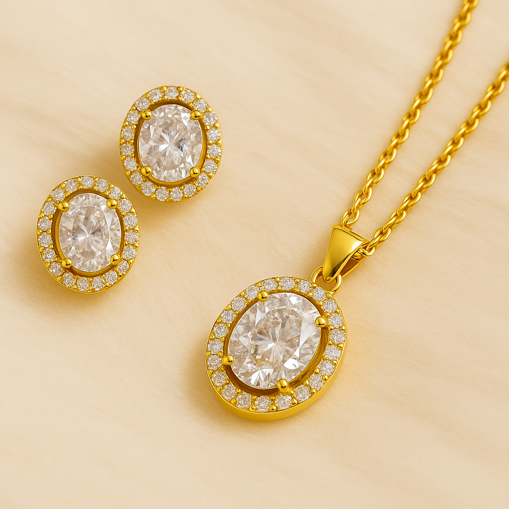 Gold-Plated Eternal Glow Solitaire Halo Pendant & Earrings Set