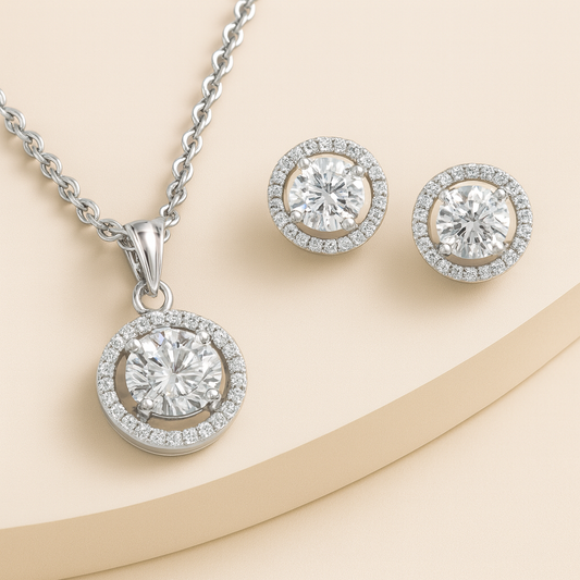 Rhodium-Plated Eternal Glow Solitaire Halo Pendant & Earrings Set