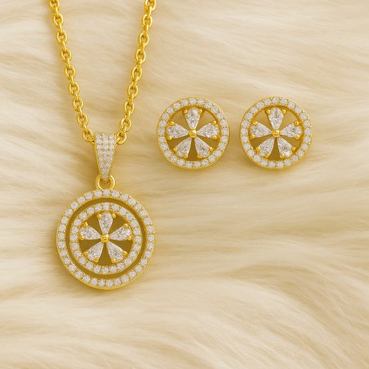 Gold Plated Eternal Glow Halo Style Cubic Zirconia Pendant & Stud Earrings Set