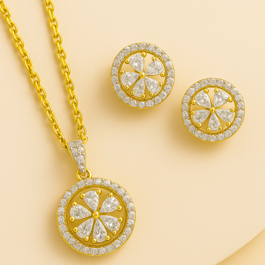 Gold Plated Eternal Glow Halo Style Cubic Zirconia Pendant & Stud Earrings Set